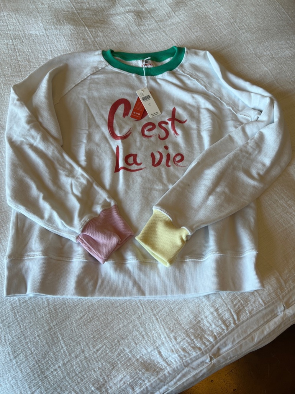 Sundry White Crewneck Sweatshirt with Pink & Yellow Cuffs and Green Neckline